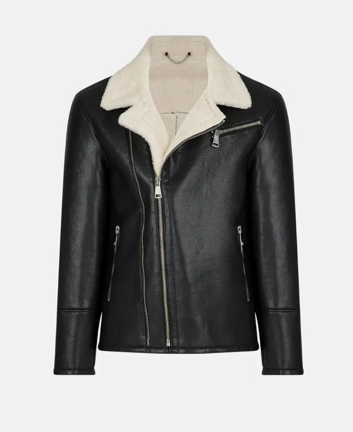 Moto Style Real Shearling Leather Jacket - Male - XS - Moto Style Real Shearling Leather Jacket - Tatoo Tee