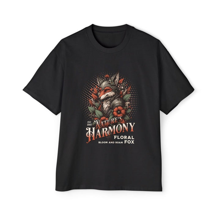 Nature's Harmony Floral Fox Oversized Tee for Men - Black - S - Nature's Harmony Floral Fox Oversized Tee for Men - Tatoo Tee
