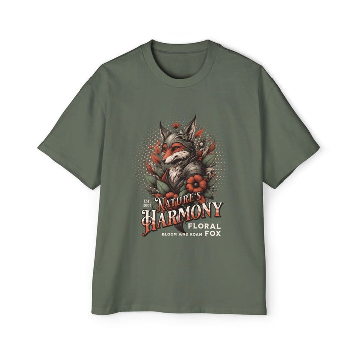 Nature's Harmony Floral Fox Oversized Tee for Men - Cypress - S - Nature's Harmony Floral Fox Oversized Tee for Men - Tatoo Tee