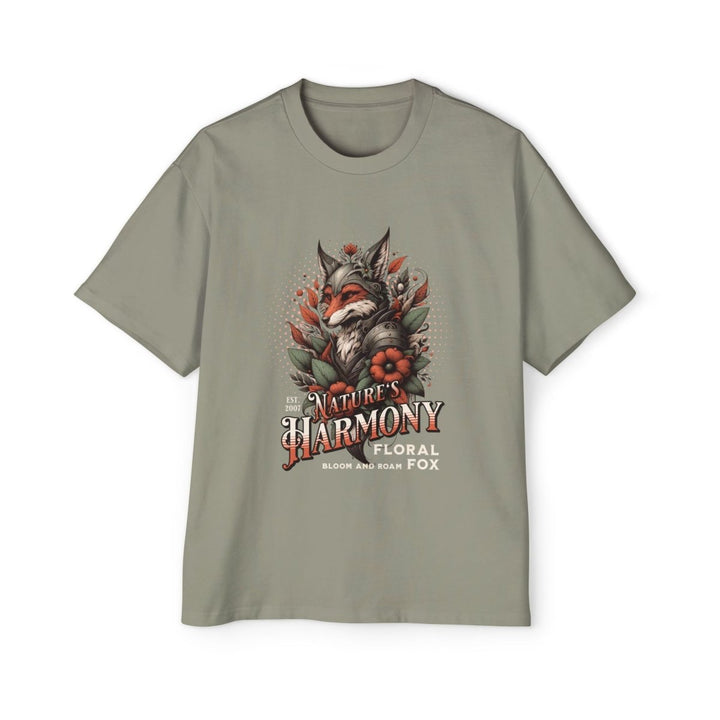 Nature's Harmony Floral Fox Oversized Tee for Men - Eucalyptus - S - Nature's Harmony Floral Fox Oversized Tee for Men - Tatoo Tee
