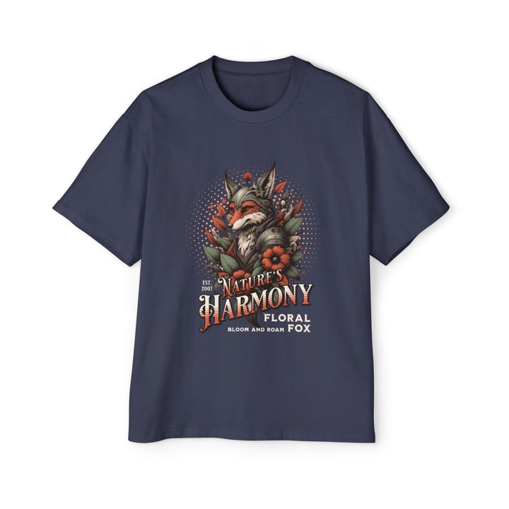 Nature's Harmony Floral Fox Oversized Tee for Men - Midnight Blue - S - Nature's Harmony Floral Fox Oversized Tee for Men - Tatoo Tee