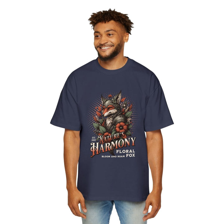 Nature's Harmony Floral Fox Oversized Tee for Men - Plum - L - Nature's Harmony Floral Fox Oversized Tee for Men - Tatoo Tee