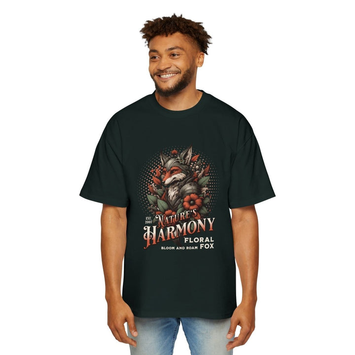 Nature's Harmony Floral Fox Oversized Tee for Men - Plum - L - Nature's Harmony Floral Fox Oversized Tee for Men - Tatoo Tee