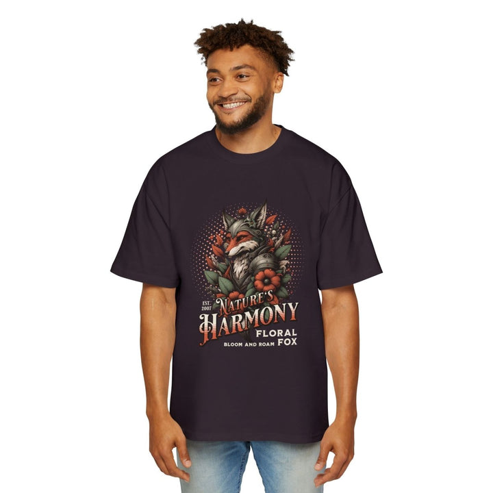Nature's Harmony Floral Fox Oversized Tee for Men - Plum - L - Nature's Harmony Floral Fox Oversized Tee for Men - Tatoo Tee