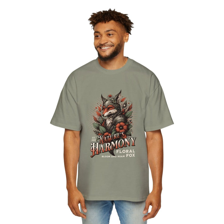 Nature's Harmony Floral Fox Oversized Tee for Men - Plum - L - Nature's Harmony Floral Fox Oversized Tee for Men - Tatoo Tee