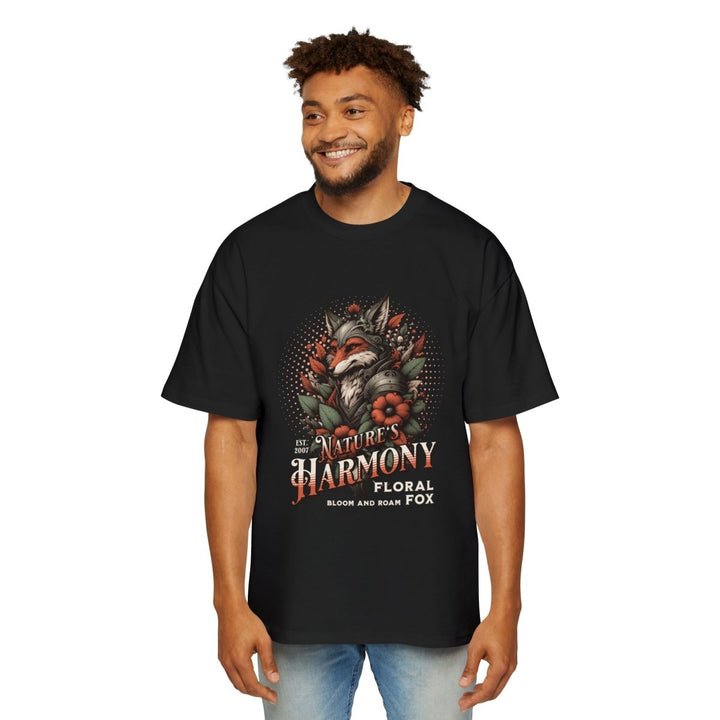 Nature's Harmony Floral Fox Oversized Tee for Men - Plum - L - Nature's Harmony Floral Fox Oversized Tee for Men - Tatoo Tee