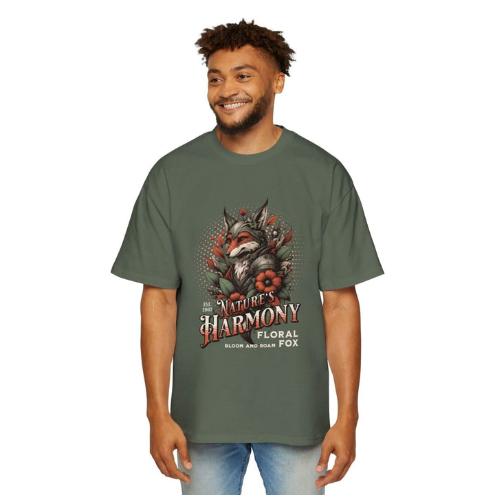 Nature's Harmony Floral Fox Oversized Tee for Men - Plum - L - Nature's Harmony Floral Fox Oversized Tee for Men - Tatoo Tee