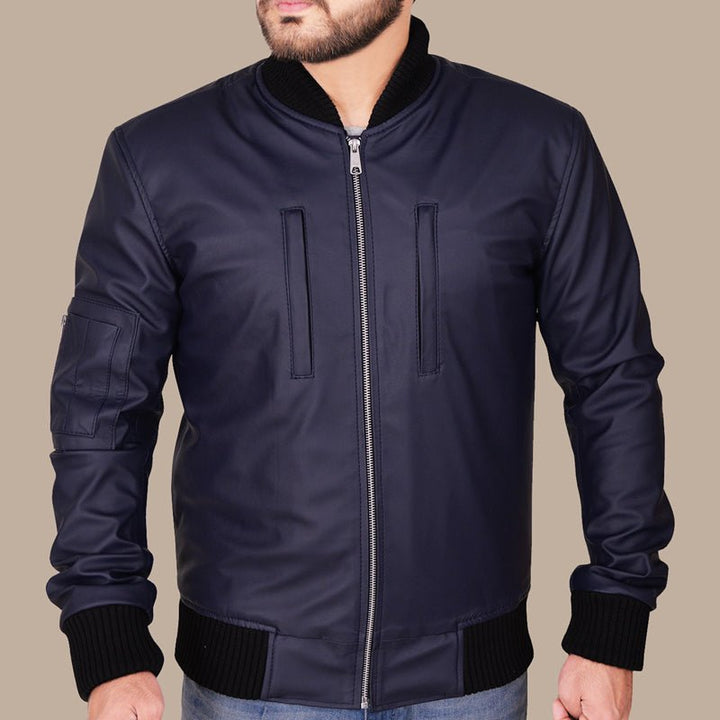 Navy Blue Varsity Leather Bomber Jacket for Men - S - Navy Blue Varsity Leather Bomber Jacket for Men - Tatoo Tee