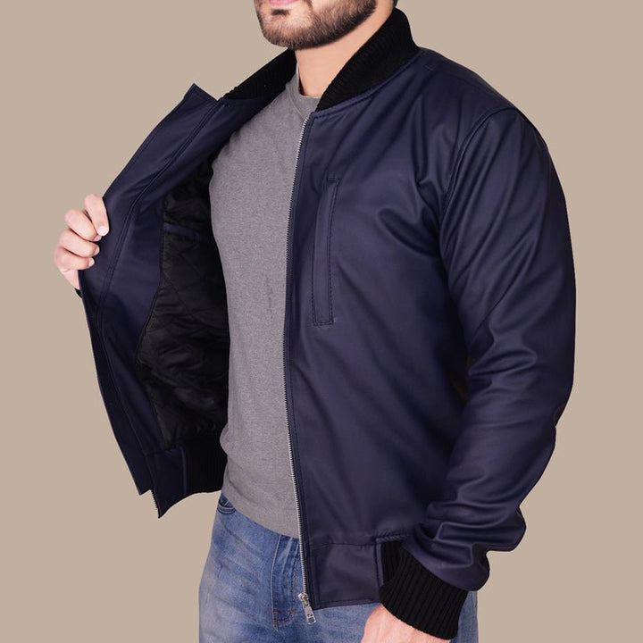 Navy Blue Varsity Leather Bomber Jacket for Men - S - Navy Blue Varsity Leather Bomber Jacket for Men - Tatoo Tee