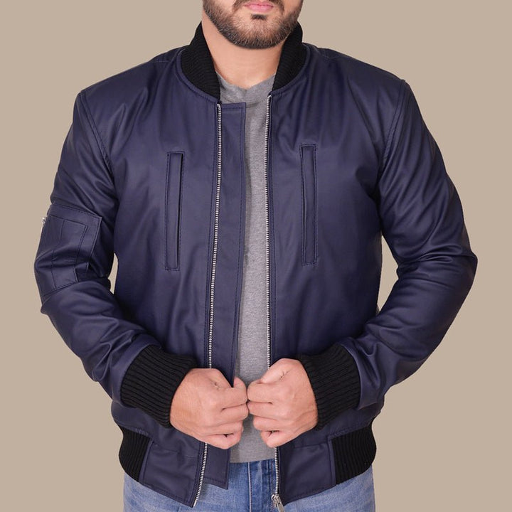 Navy Blue Varsity Leather Bomber Jacket for Men - S - Navy Blue Varsity Leather Bomber Jacket for Men - Tatoo Tee
