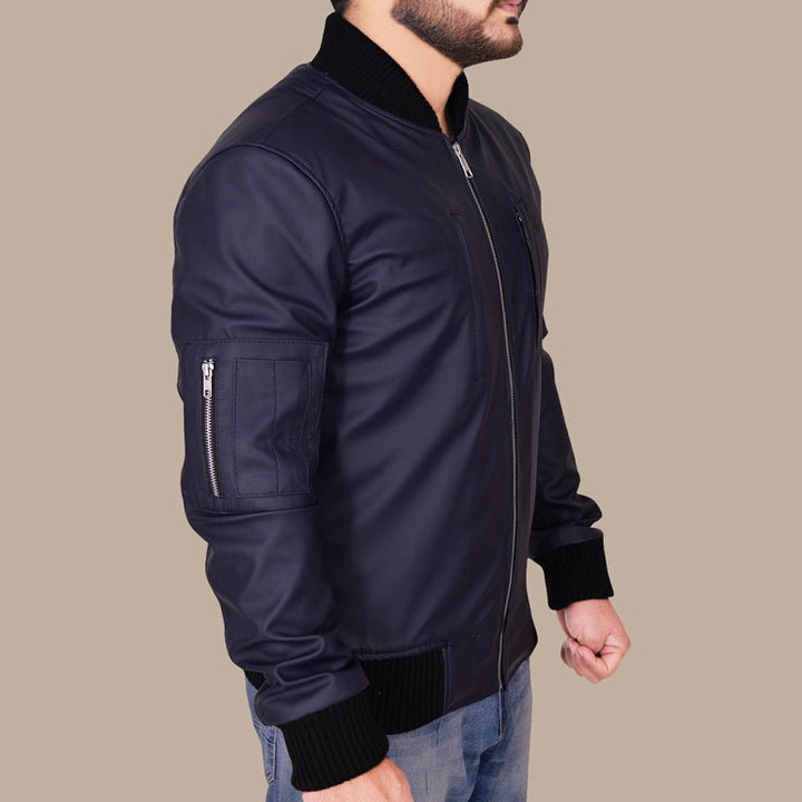 Navy Blue Varsity Leather Bomber Jacket for Men - S - Navy Blue Varsity Leather Bomber Jacket for Men - Tatoo Tee