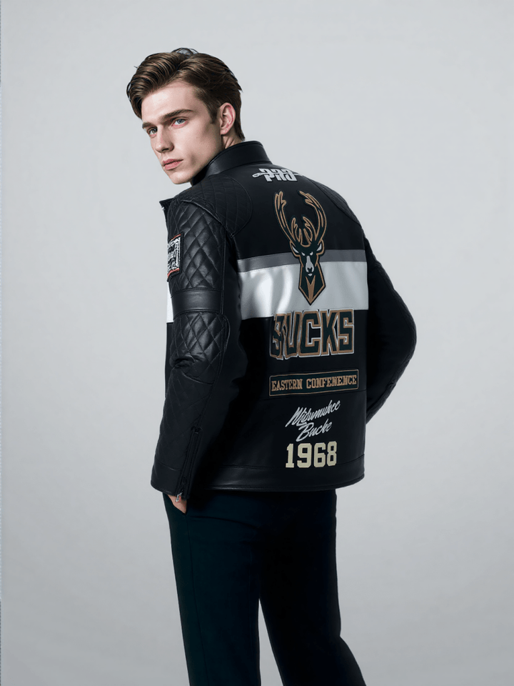 NBA Milwaukee Bucks Men’s Moto Jacket - S - BLACK/WHITE - NBA Milwaukee Bucks Men’s Moto Jacket - Tatoo Tee