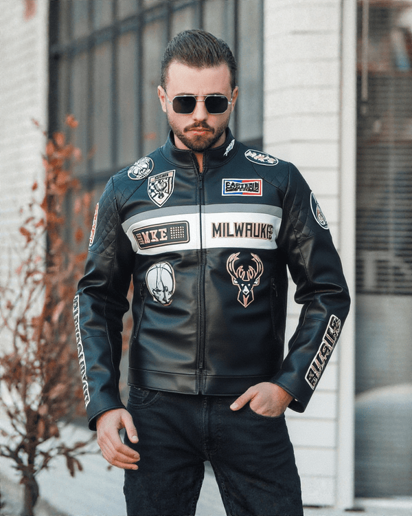 NBA Milwaukee Bucks Men’s Moto Jacket - S - BLACK/WHITE - NBA Milwaukee Bucks Men’s Moto Jacket - Tatoo Tee