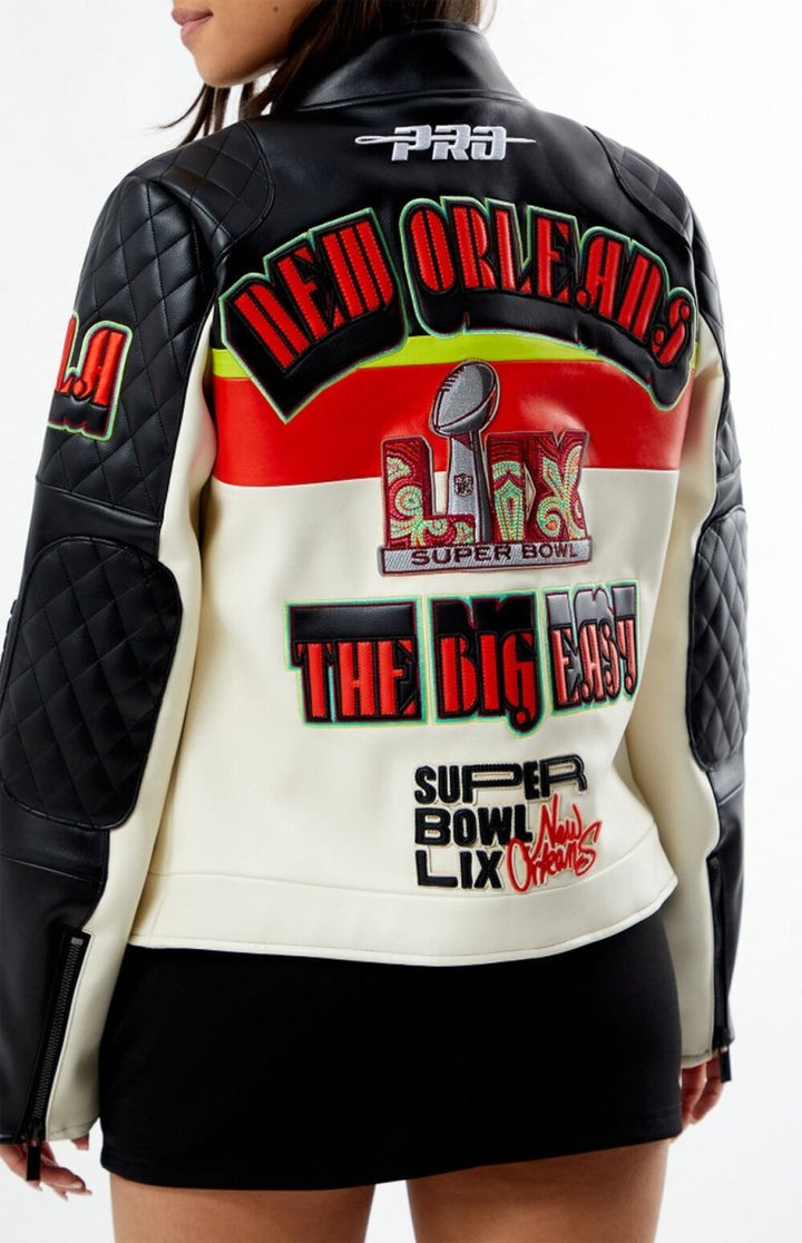 NFL Super Bowl LIX Men White Leather Jacket - Male - XS - NFL Super Bowl LIX Men White Leather Jacket - Tatoo Tee
