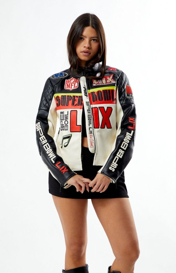 NFL Super Bowl LIX Men White Leather Jacket - Male - XS - NFL Super Bowl LIX Men White Leather Jacket - Tatoo Tee