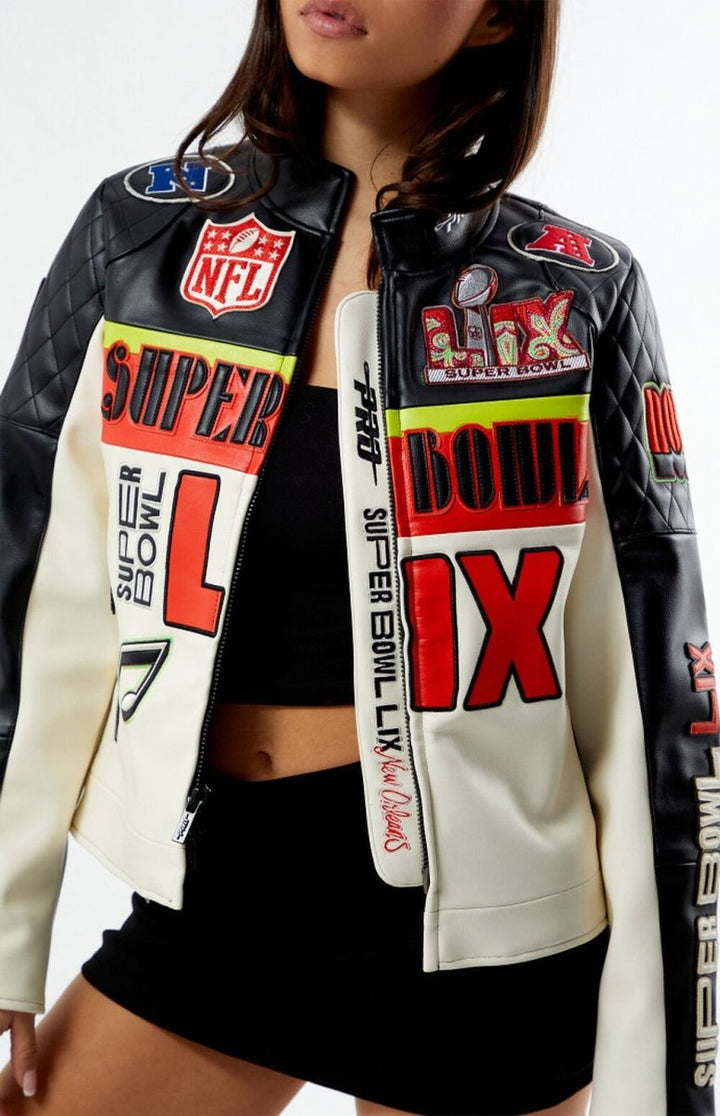 NFL Super Bowl LIX Men White Leather Jacket - Male - XS - NFL Super Bowl LIX Men White Leather Jacket - Tatoo Tee