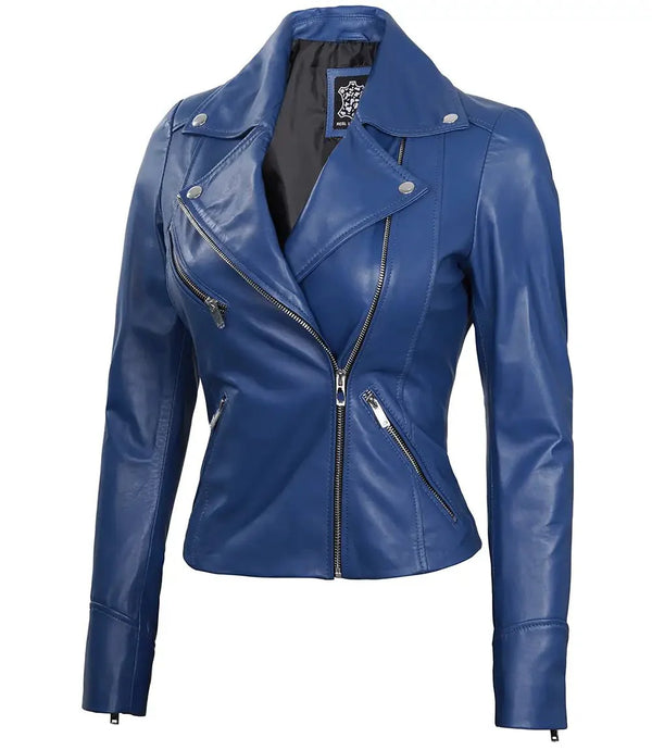 Ninfa Women's Blue Asymmetrical Biker Leather Jacket