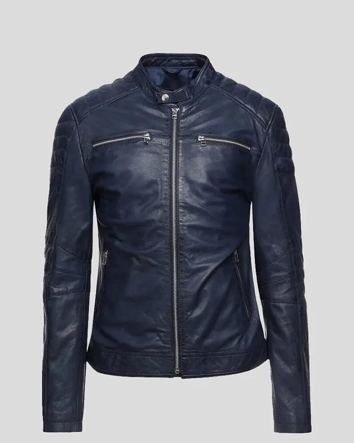 Olin Blue Biker Leather Jacket - XS - Olin Blue Biker Leather Jacket - Tatoo Tee