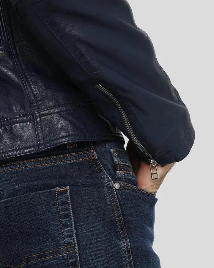 Olin Blue Biker Leather Jacket - XS - Olin Blue Biker Leather Jacket - Tatoo Tee