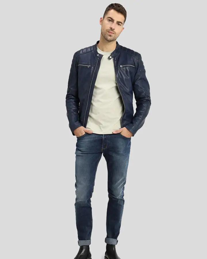 Olin Blue Biker Leather Jacket - XS - Olin Blue Biker Leather Jacket - Tatoo Tee