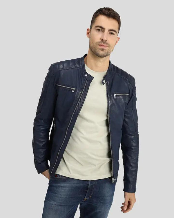 Olin Blue Biker Leather Jacket - XS - Olin Blue Biker Leather Jacket - Tatoo Tee