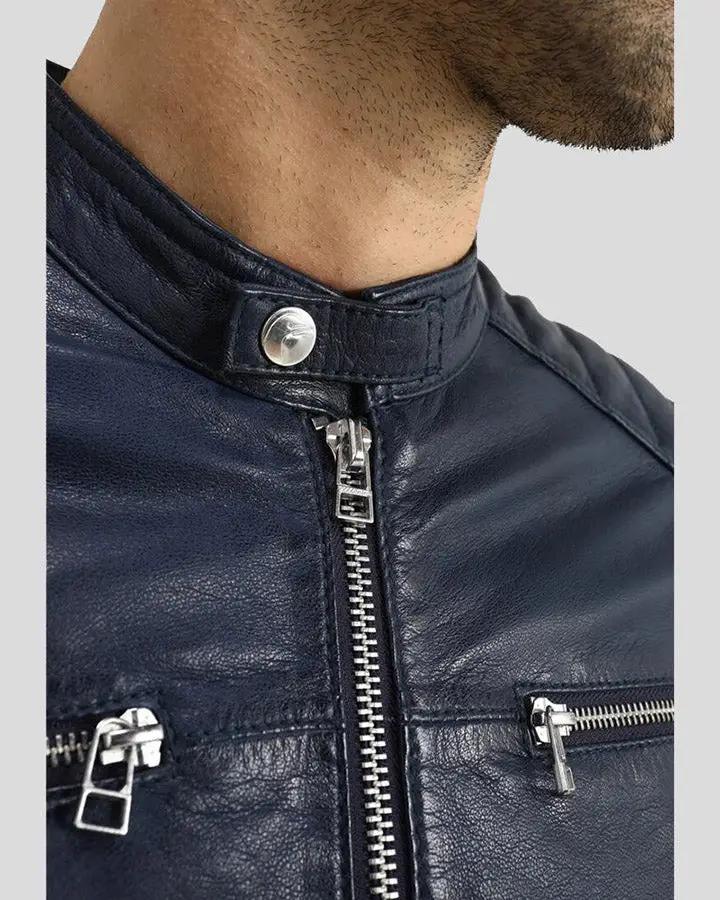 Olin Blue Biker Leather Jacket - XS - Olin Blue Biker Leather Jacket - Tatoo Tee