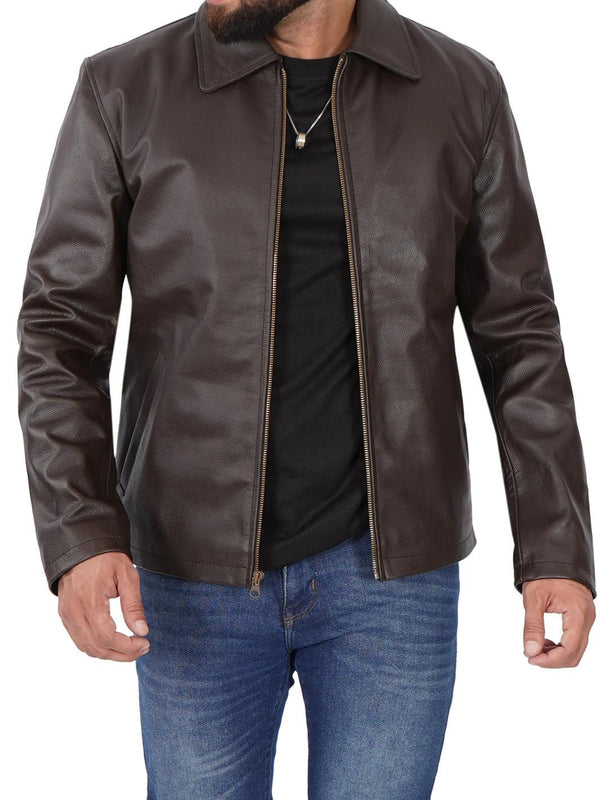 Parrish Dark Brown Shirt Collar Cowhide Mens Leather Jacket
