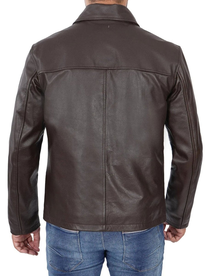 Parrish Dark Brown Shirt Collar Cowhide Mens Leather Jacket - Male - XS - Parrish Dark Brown Shirt Collar Cowhide Mens Leather Jacket - Tatoo Tee