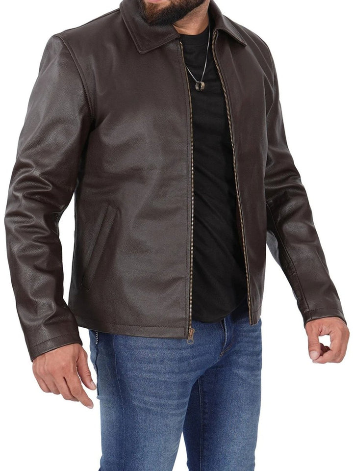 Parrish Dark Brown Shirt Collar Cowhide Mens Leather Jacket - Male - XS - Parrish Dark Brown Shirt Collar Cowhide Mens Leather Jacket - Tatoo Tee