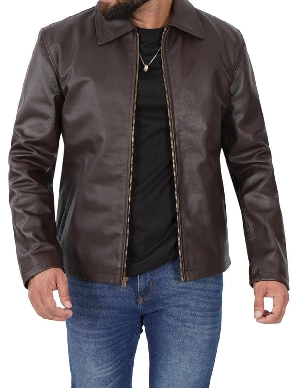 Parrish Dark Brown Shirt Collar Cowhide Mens Leather Jacket - Male - XS - Parrish Dark Brown Shirt Collar Cowhide Mens Leather Jacket - Tatoo Tee