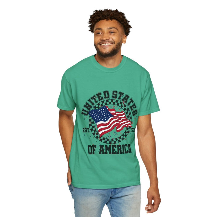 Patriotic T-Shirt - USA Flag Design, Casual Wear, Independence Day Shirt, Gift for Veterans, Summer BBQ Outfit, Everyday Tee - Island Green - S - Patriotic T-Shirt - USA Flag Design, Casual Wear, Independence Day Shirt, Gift for Veterans, Summer BBQ Outfit, Everyday Tee - Tatoo Tee