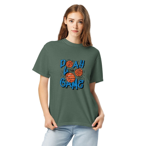 Play The Game Unisex garment - dyed heavyweight t-shirt - Blue Spruce - S - Product mockup - Tatoo Tee