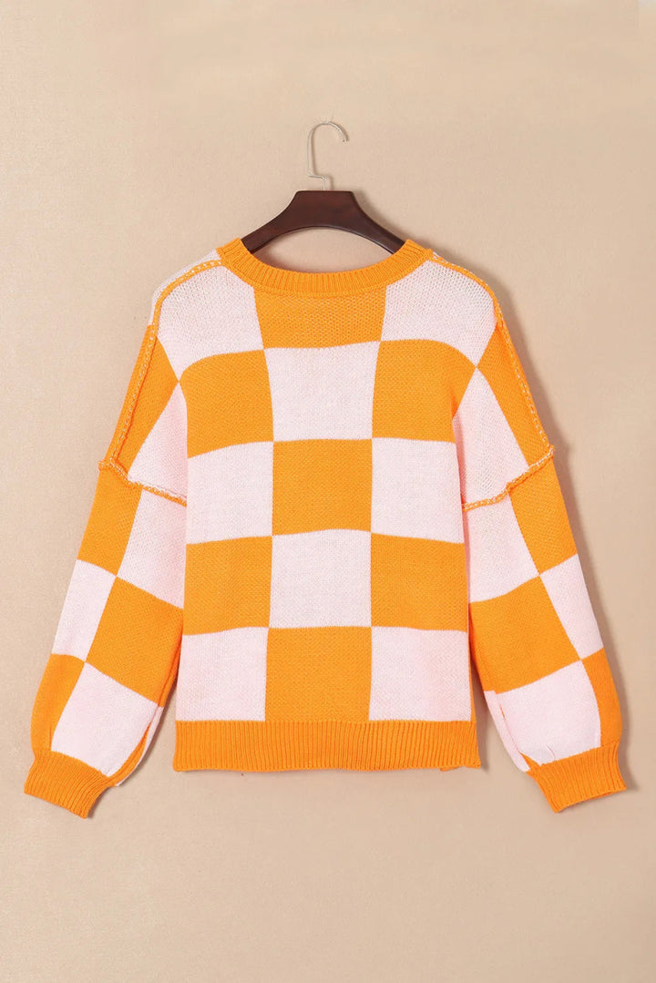 Pumpkin Checkered Round Neck Long Sleeve Sweater - Tangerine - S - de6f00ff - 44a5 - 4d0b - b36d - 5bcf1a03d2e9 - Max - Tatoo Tee