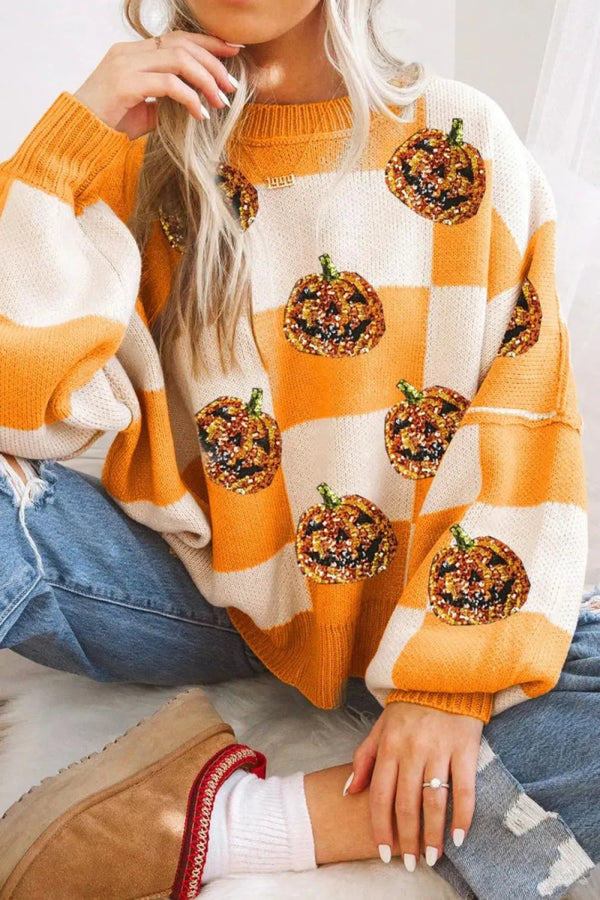 Pumpkin Checkered Round Neck Long Sleeve Sweater - Tangerine - S - 847cf020 - 9342 - 4abb - 98ad - 369c52d76d03 - Max - Tatoo Tee