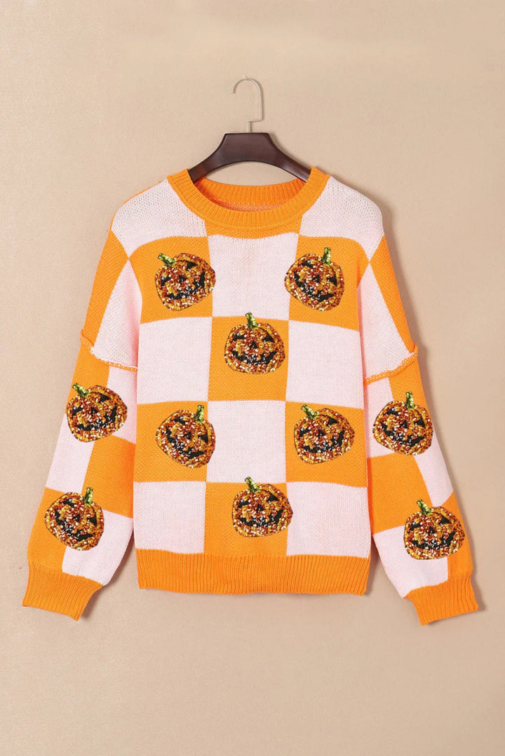 Pumpkin Checkered Round Neck Long Sleeve Sweater - Tangerine - S - 1518b173 - 54fe - 48a3 - 816d - b5d7f3767b53 - Max - Tatoo Tee