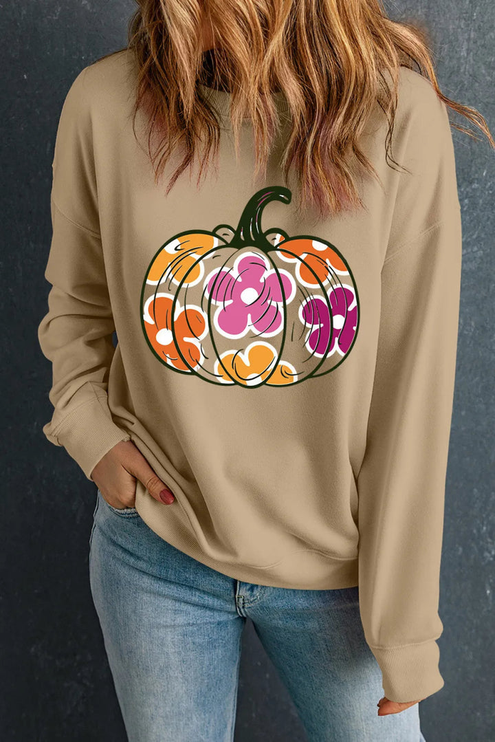 Pumpkin & Flower Graphic Long Sleeve Sweatshirt - Khaki - S - dee17336 - cc8c - 4ea1 - af91 - 79be4e16192e - Max - Tatoo Tee