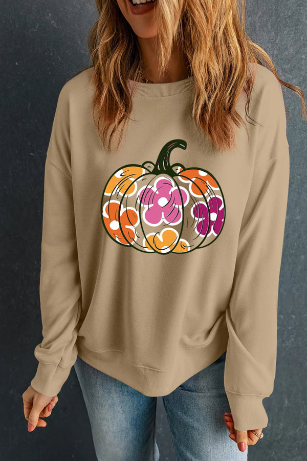 Pumpkin & Flower Graphic Long Sleeve Sweatshirt - Khaki - S - 33235b84 - 0dc4 - 48bd - 8f10 - 6d41a7a9c135 - Max - Tatoo Tee