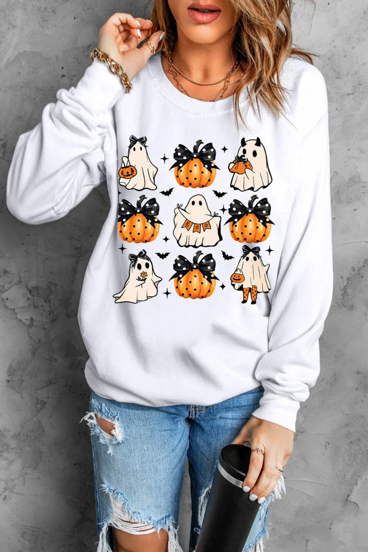 Pumpkin & Ghost Round Neck Long Sleeve Sweatshirt - White - S - 4194c94d - bd0b - 44de - 86d4 - 0671d7793017 - Max - Tatoo Tee