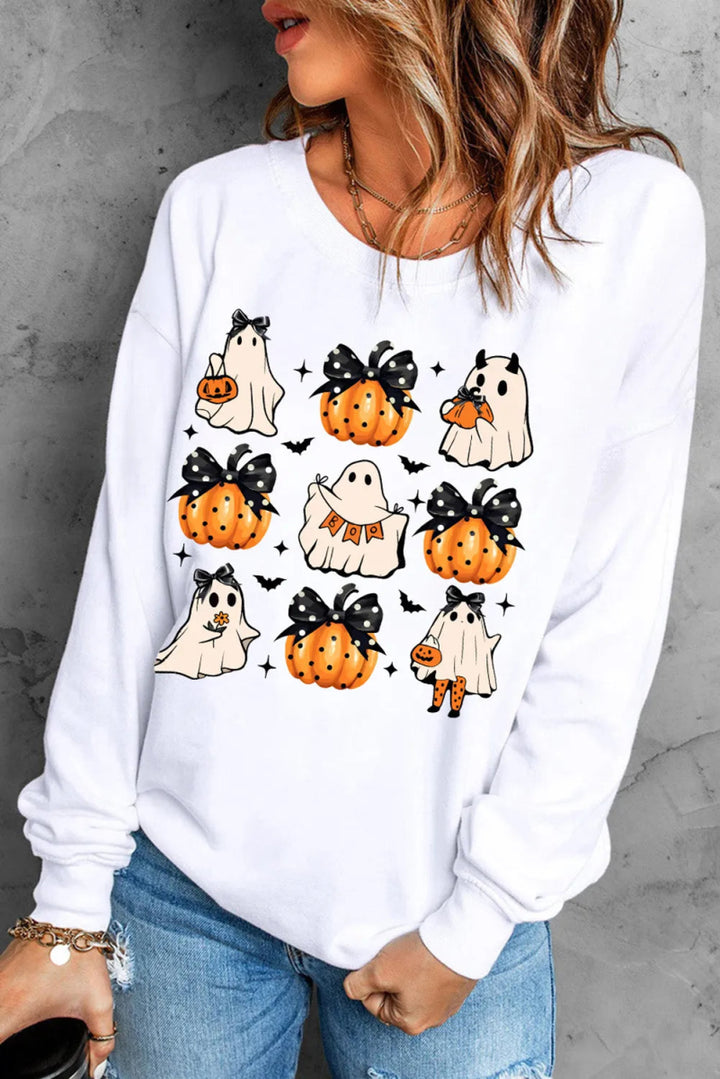 Pumpkin & Ghost Round Neck Long Sleeve Sweatshirt - White - S - 724bd3d7 - 94fc - 485b - 8577 - b932defd3ce5 - Max - Tatoo Tee