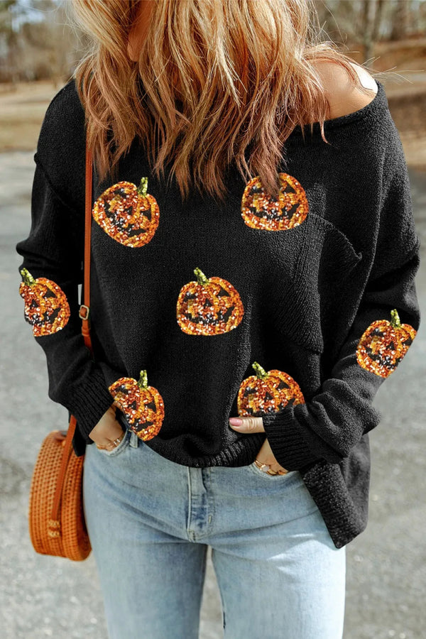 Pumpkin Round Neck Long Sleeve Knit Top - Black - S - 1de3e512 - 45cf - 443a - b1ac - 69e81ce552c6 - Max - Tatoo Tee
