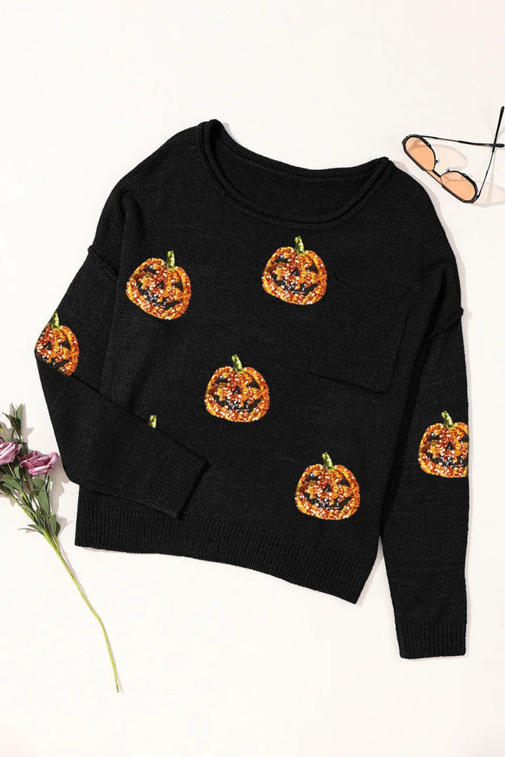 Pumpkin Round Neck Long Sleeve Knit Top - Black - S - decd8741 - 675d - 42cc - 8663 - 617da196e509 - Max - Tatoo Tee