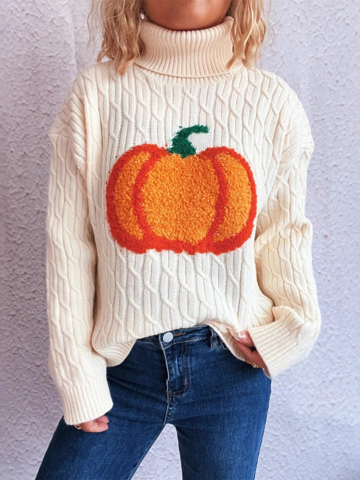 Pumpkin Turtleneck Long Sleeve Sweater - White - One Size - 55a89abe57094101932dc09606421274 - Max - Origin - Tatoo Tee