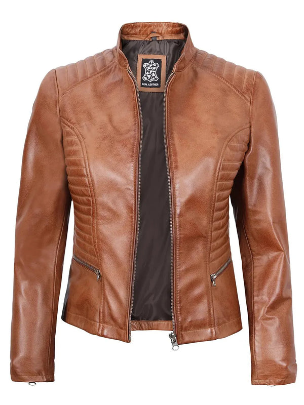 Rachel Womens Tan Cafe Racer Leather Jacket