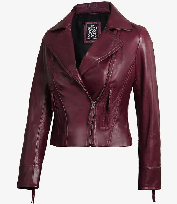 Ramsey Women's Burgundy Asymmetrical Leather Moto Jacket