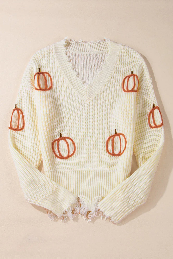 Raw Hem Pumpkin V - Neck Long Sleeve Sweater - Beige - S - 572d6ecb - 33a0 - 483a - b288 - 1f78398260e2 - Max - Tatoo Tee
