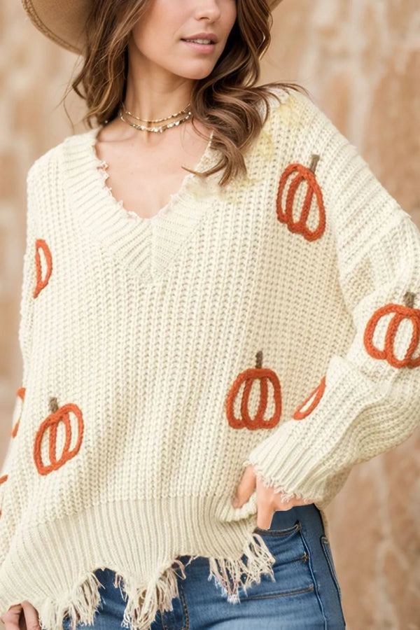 Raw Hem Pumpkin V - Neck Long Sleeve Sweater - Beige - S - d1067002 - ca9a - 43de - b877 - f2006f8bad7a - Max - Tatoo Tee