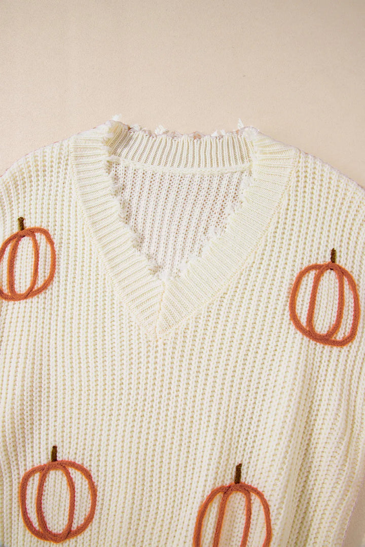 Raw Hem Pumpkin V - Neck Long Sleeve Sweater - Beige - S - d8bf398f - edff - 4c4f - bc72 - 0789e3a5b96b - Max - Tatoo Tee