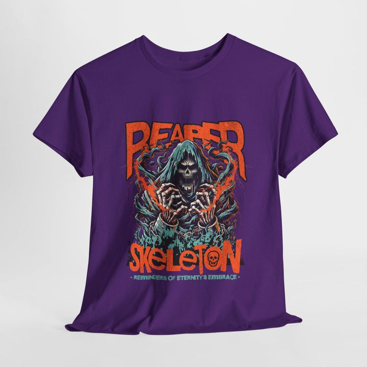Reaper Skeleton Unisex Heavy Cotton Tee - Spooky Graphic Tee for Halloween & Everyday Wear - Purple - S - Reaper Skeleton Unisex Heavy Cotton Tee - Spooky Graphic Tee for Halloween & Everyday Wear - Tatoo Tee