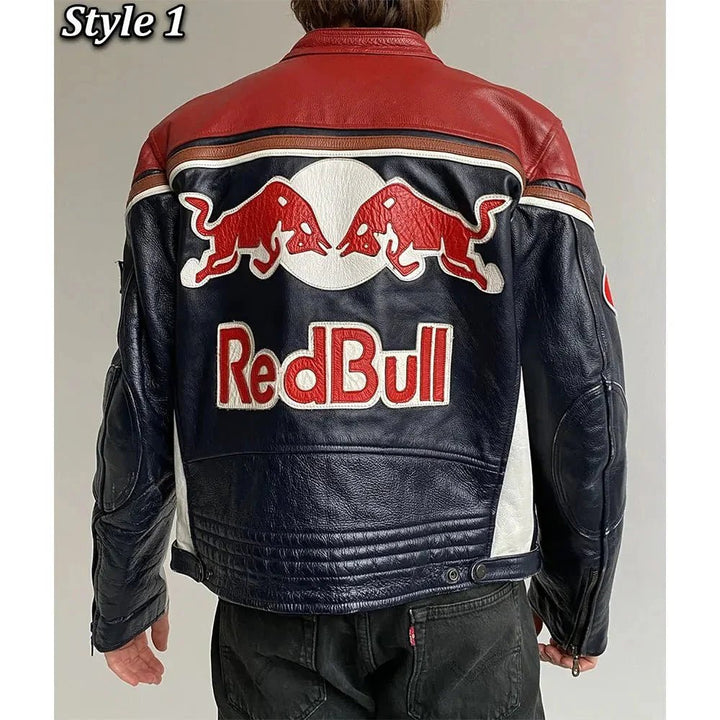 Red Bull Motorcycle Leather Jacket - Male - XS - Style 1 - Red Bull Motorcycle Leather Jacket - Tatoo Tee