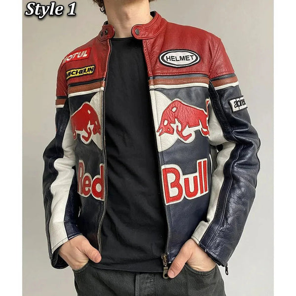 Red Bull Motorcycle Leather Jacket - Male - XS - Style 1 - Red Bull Motorcycle Leather Jacket - Tatoo Tee